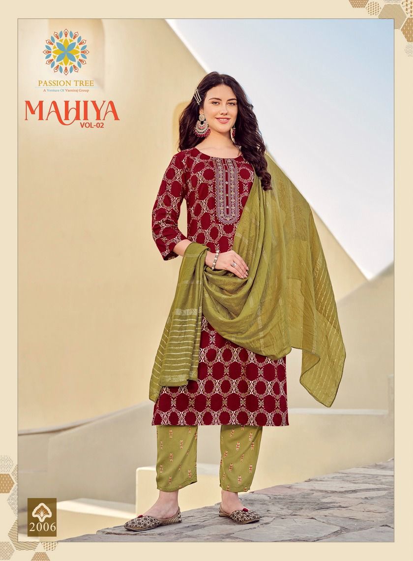 Mahiya Vol 2 By Passion Tree Rayon Gold Printed Kurti With Bottom Dupatta Wholesale Online